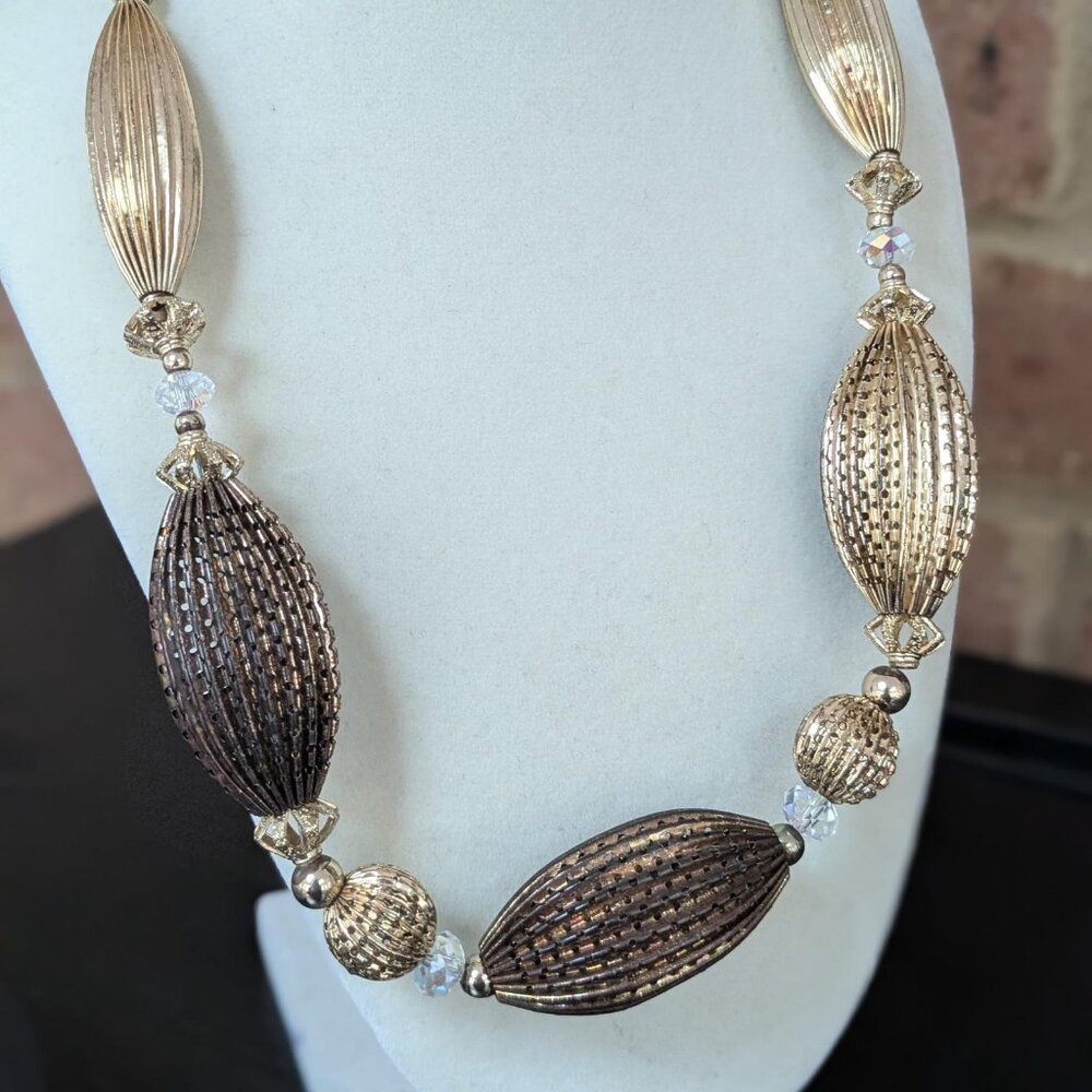 Vintage Gold Filigree Necklace, 1960s Conical Bead Link Chain